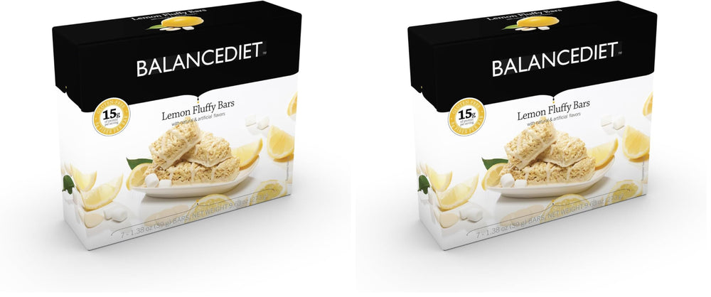 BalanceDiet Lemon Fluffy bar on display front, high-protein snack for between meals.