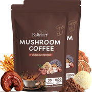 Balincer mushroom coffee packaging shows 6-mushroom blend for daily focus and energy