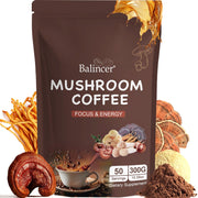 Balincer Mushroom Coffee packaging showcasing the six-mushroom blend for daily focus and energy.