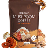Balincer Mushroom Coffee packaging highlighting premium blend for daily focus