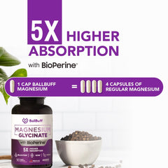BallBuff Magnesium Glycinate 400mg bottle label showing ingredients and safety promise.