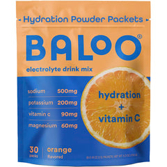 Baloo electrolytes orange packet beside a glass of water for refreshing hydration