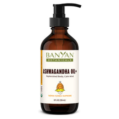 Banyan Botanicals Ashwagandha Oil+ bottle ready for relaxing massage.
