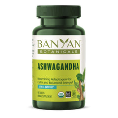 Banyan Botanicals Ashwagandha tablets label emphasizing organic, vegan quality for daily energy