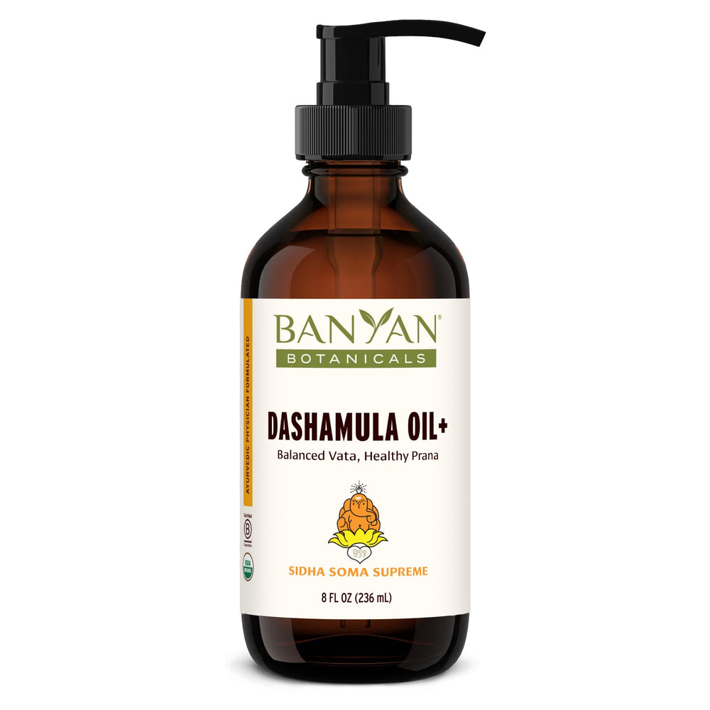 Banyan Botanicals Dashamula Oil+ bottle for deep tissue massage and relaxation