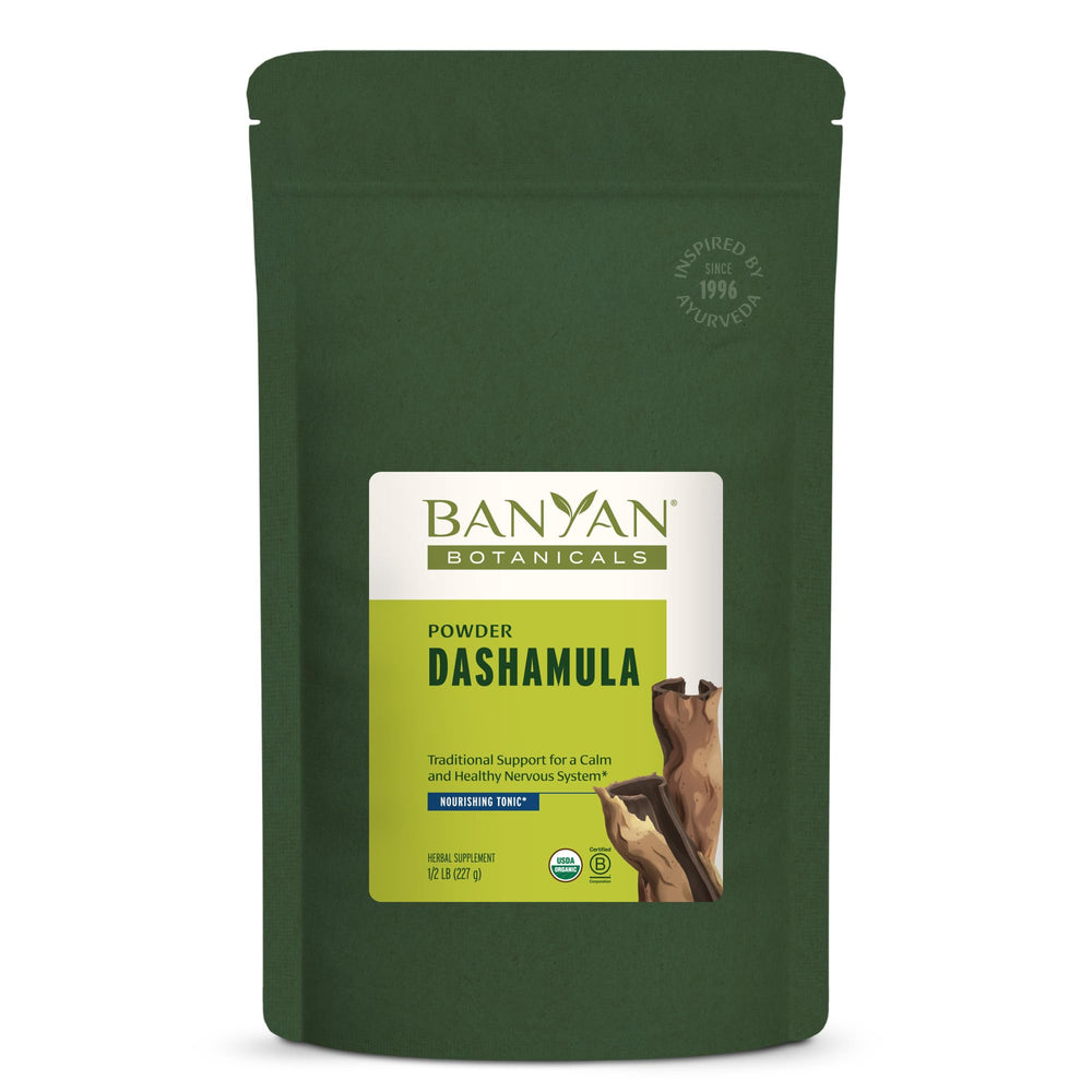 Banyan Botanicals Dashamula powder bottle for a calming daily ritual.