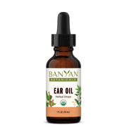 Banyan Botanicals Ear Oil with amber bottle close-up showing packaging and calm mood