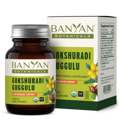 Banyan Botanicals Gokshuradi Guggulu tablets packshot highlighting the organic vegan blend for urinary support