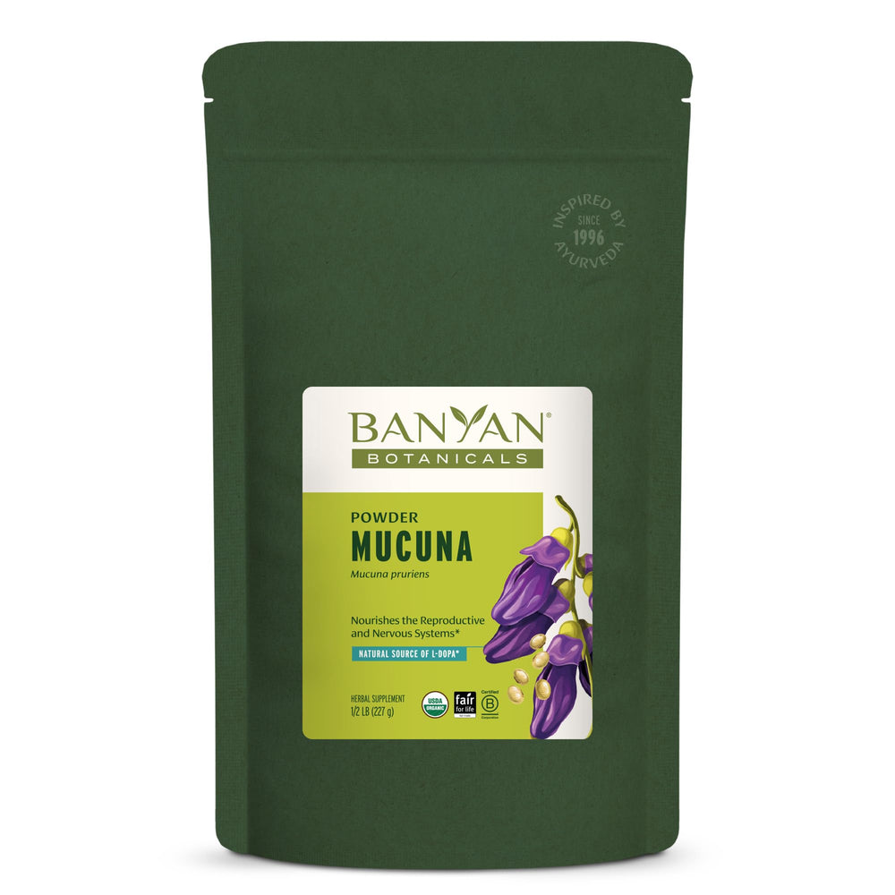 Banyan Botanicals Kapikacchu powder pack shows organic, fair-trade sourcing supporting sustainable farming.