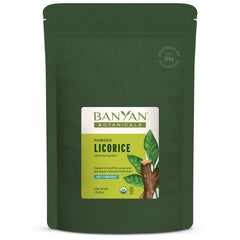 Banyan Botanicals Licorice Powder jar showcases pure Glycyrrhiza glabra for digestive support.
