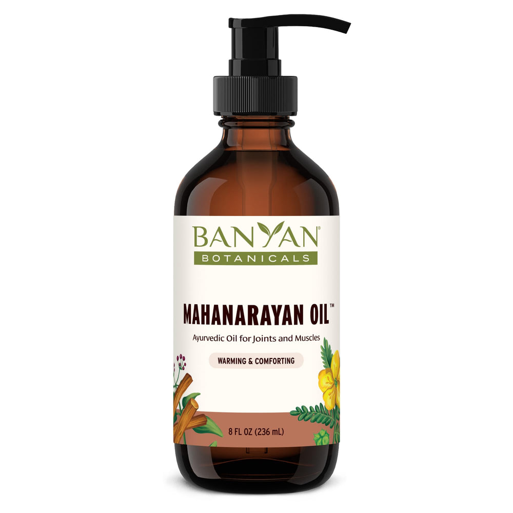 Banyan Botanicals Mahanarayan Oil bottle, herbal blend for joint comfort.