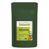 Banyan Botanicals Manjistha powder packaging close-up for organic skin care