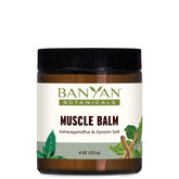 Banyan Botanicals Muscle Balm jar closeup highlighting organic ingredients for rejuvenating relief