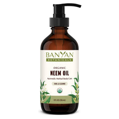 Banyan Botanicals Neem Oil bottle shows cooling formula for calm skin