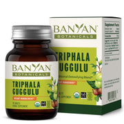 Banyan Botanicals Triphala Guggulu bottle label showing organic detox support.