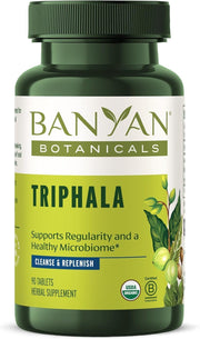 Banyan Botanicals Triphala tablets pack closeup for daily digestion support.