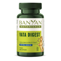 Banyan Botanicals Vata Digest bottle front showing convenient digestion tablets.