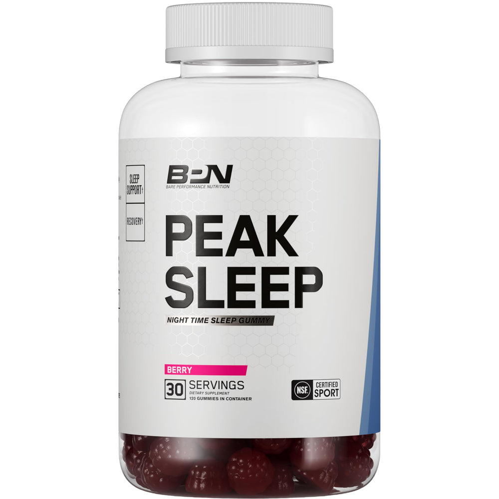 BARE PERFORMANCE NUTRITION BPN Peak Sleep Gummy berry bottle for restful sleep support.