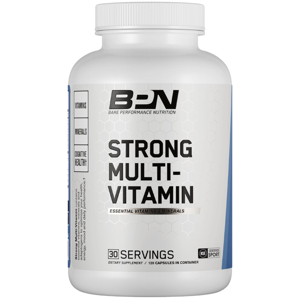BARE PERFORMANCE NUTRITION BPN Strong Multi-Vitamin bottle close-up for daily energy