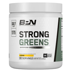BARE PERFORMANCE NUTRITION Strong Greens Lemon bottle front suggests a natural energy lift.