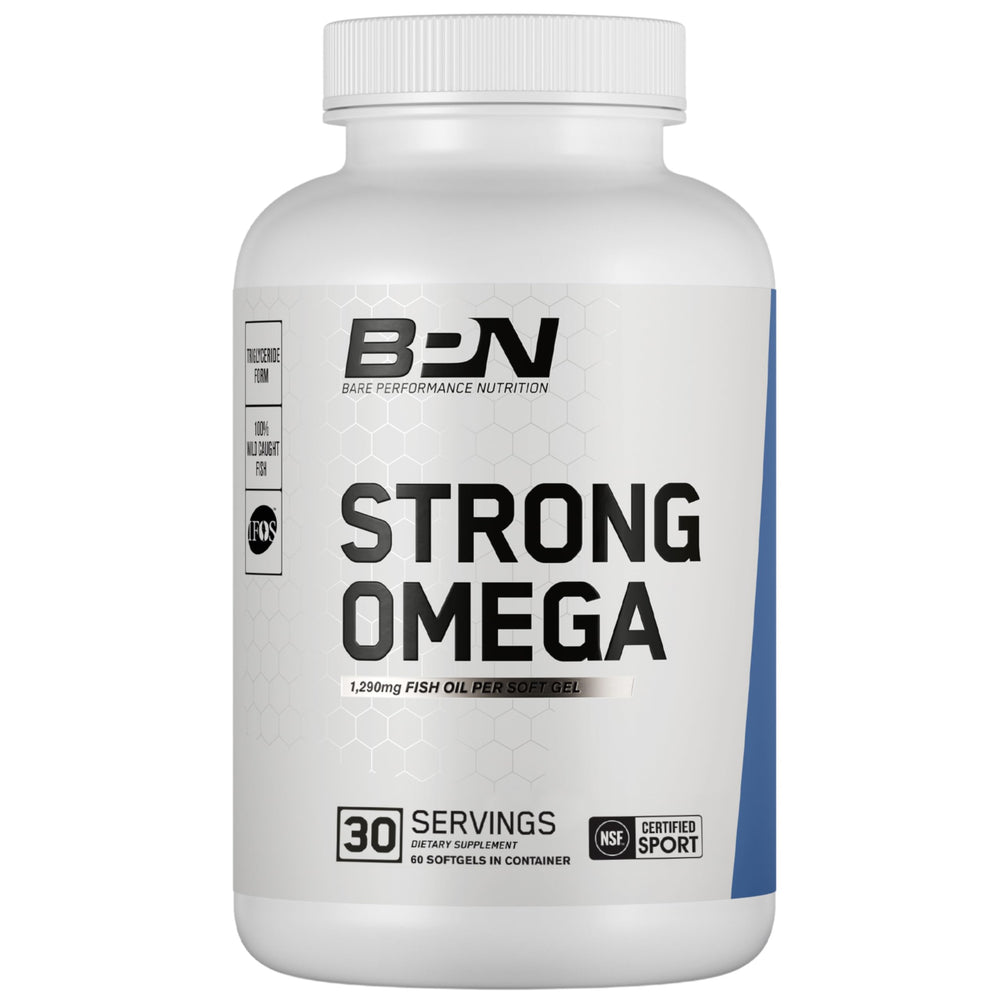 BARE PERFORMANCE NUTRITION Strong Omega Fish Oil soft gel bottle supports daily heart and brain health.