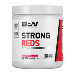 Bare Performance Nutrition Strong Reds powder bottle front showing strawberry flavor.
