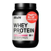 Bare Performance Nutrition BPN whey powder strawberry flavor with a scoop showing creamy taste and aroma.
