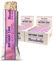 Barebells Birthday Cake bar front view, ready-to-grab high-protein snack.
