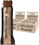 Barebells Caramel Cashew bar pack on shelf for on-the-go snacking.