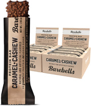 Barebells Caramel Cashew bar pack on shelf for on-the-go snacking.