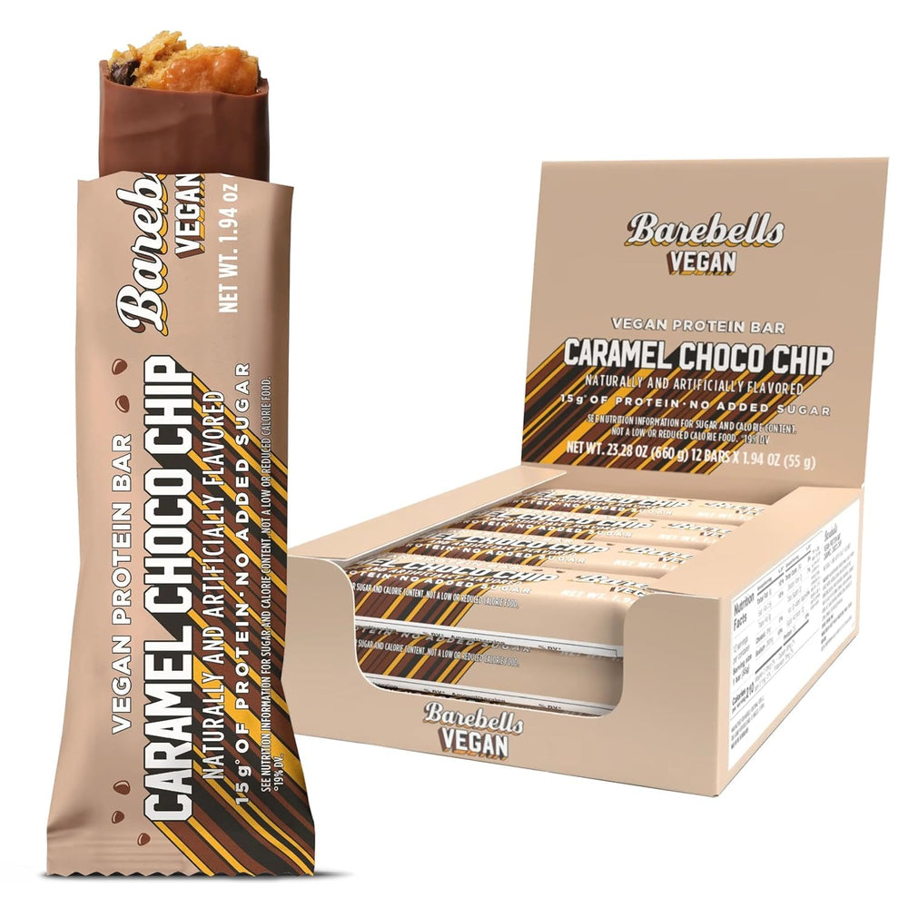 Barebells Caramel Choco Chip bar, ready-to-eat protein snack for on-the-go energy.