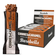 Barebells Cookies and Caramel bar pack shot, convenient high-protein snack for busy days.