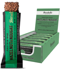 Barebells Hazelnut & Nougat bar, packaging front view, quick high-protein breakfast on the go.