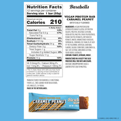 Barebells Plant-Based Peanut Caramel bar cross-section highlights caramel and peanut texture.