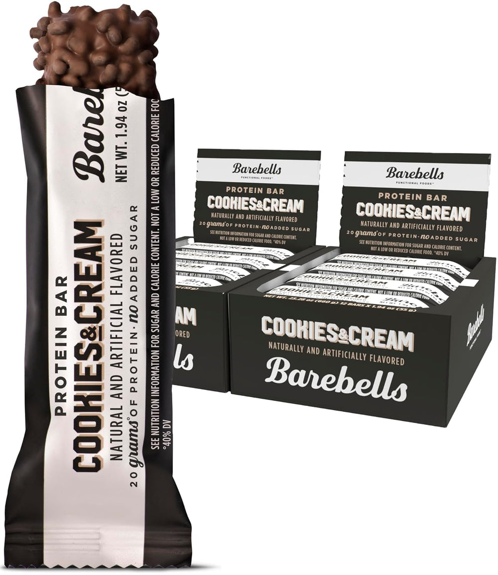 Barebells Cookies and Cream package front, highlighting a high-protein snack.