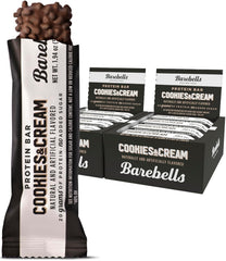 Barebells Cookies and Cream package front, highlighting a high-protein snack.
