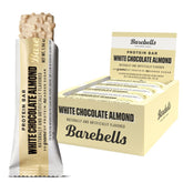 Barebells White Chocolate Almond bar pack close-up shows 20g protein per bar.