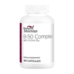Bariatric Advantage B50 bottle displays high-potency B vitamins for post-surgery nutrition.