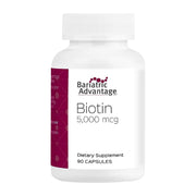 Bariatric Advantage Biotin 5000 mcg bottle supports post-surgery hair and nails.