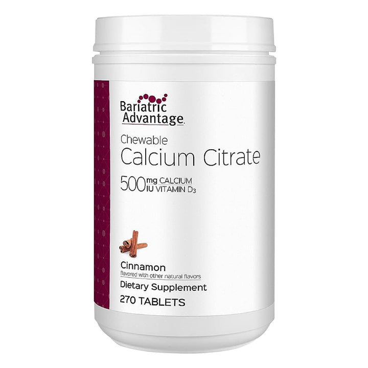 Bariatric Advantage calcium citrate chewable bottle highlighting cinnamon flavor and bone-supporting formula