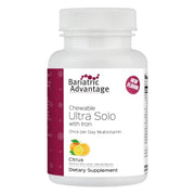Bariatric Advantage chewable Ultra Solo iron front bottle shows citrus flavor for daily nutrition.