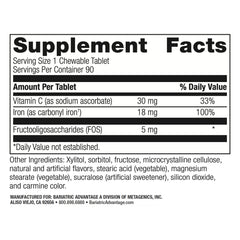 Bariatric Advantage Iron 18 mg strawberry chewable tablet close-up with pleasant taste.