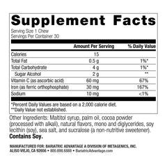 Bariatric Advantage Iron Chewy Bite label close-up shows iron and vitamin C content.
