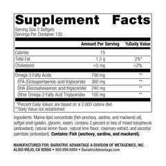 Bariatric Advantage Omega-3 300 bottle highlights sustainable cold-water fish origin.