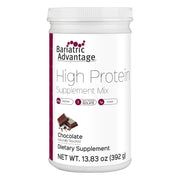 Bariatric Advantage chocolate powder container showing 20 g protein per serving