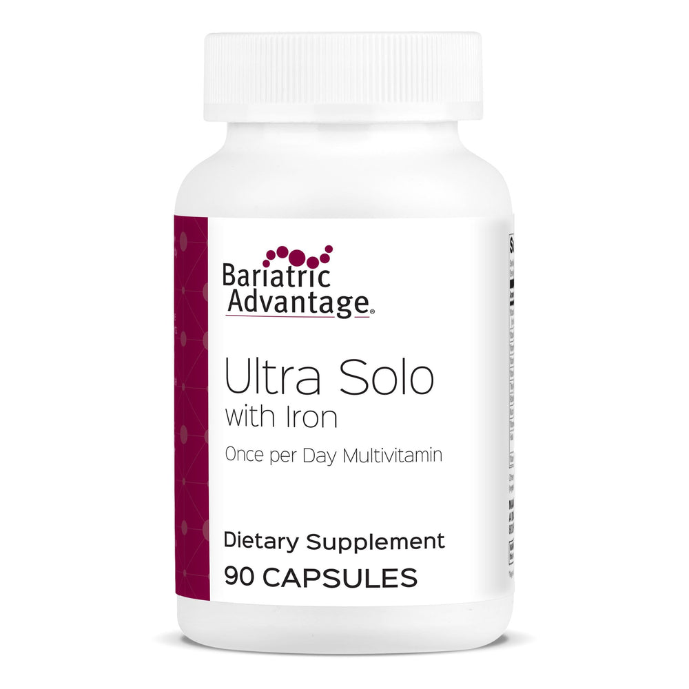 Bariatric Advantage Ultra Solo with Iron bottle shows convenient, once-daily multivitamin for bariatric care.
