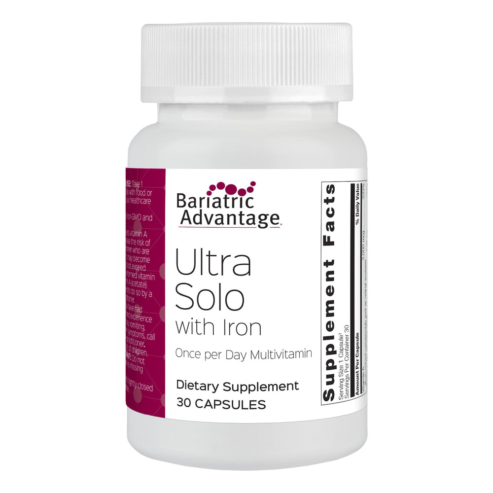 Bariatric Advantage Ultra Solo with Iron bottle — convenient once-daily multivitamin for post-bariatric care.