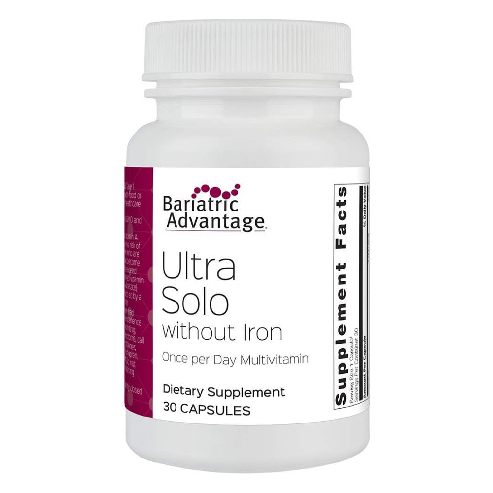 Bariatric Advantage Ultra Solo Without Iron bottle front supports daily nutrition after bariatric surgery.