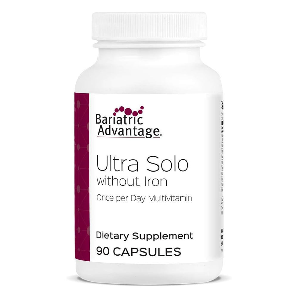 Bariatric Advantage Ultra Solo Without Iron bottle front highlights gluten-free, once-daily nutrition for post-op needs.