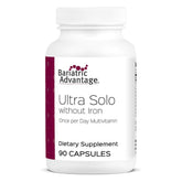 Bariatric Advantage Ultra Solo Without Iron bottle front highlights gluten-free, once-daily nutrition for post-op needs.